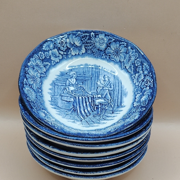 Vintage Liberty Blue Staffordshire Betsy Ross Berry Bowls 5 Inches Set Of 8